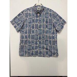 Yiume Hawaiian Shirt Mens Large Blue Floral Leaf Turtle Short Sleeve Button Down